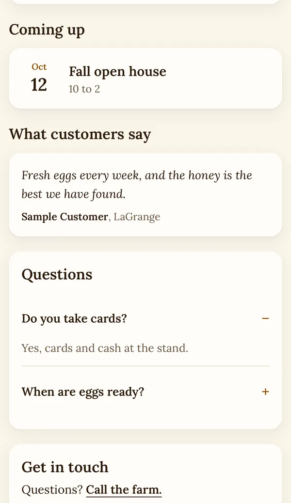 A Farm Stand on a phone showing a Fall open house event, a sample customer review and a Questions section with Do you take cards? opened.