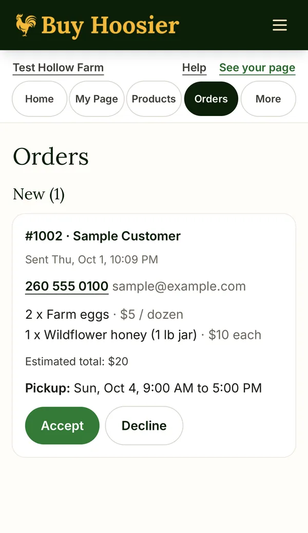 The Orders screen on a phone with a new sample request for 2 dozen farm eggs and a 1 lb jar of honey, a pickup time, and Accept and Decline buttons.