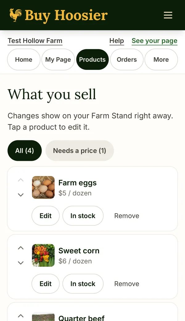 The Products screen on a phone, titled What you sell, with All (4) and Needs a price (1), and farm eggs and sweet corn with prices and In stock buttons.