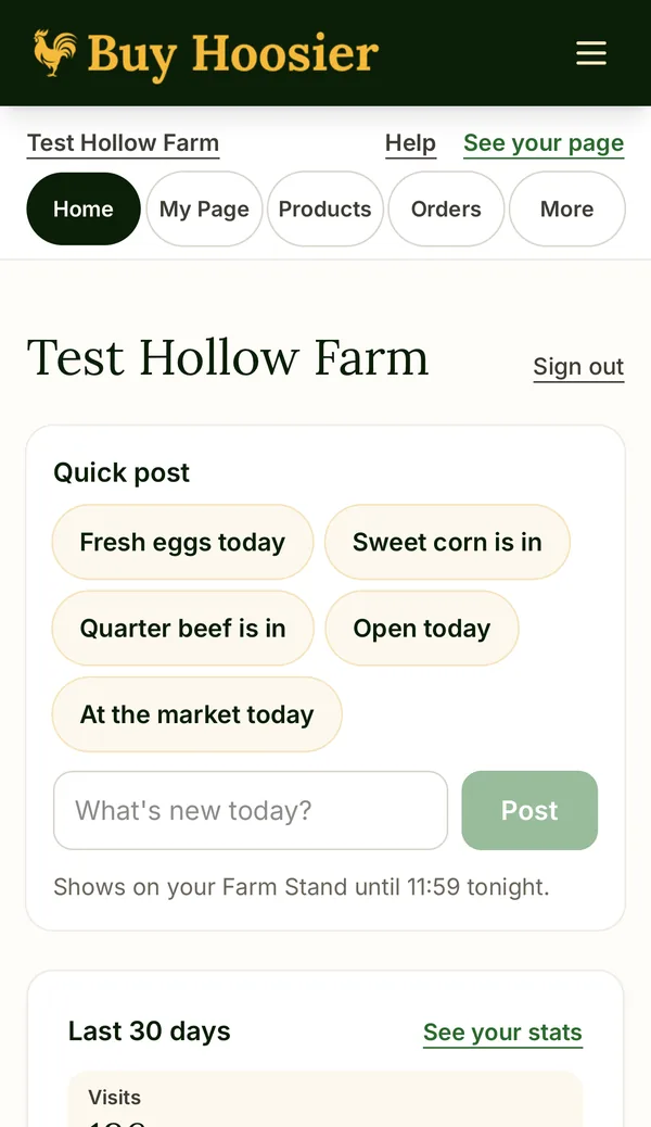 The Home screen on a phone with Quick post suggestions: Fresh eggs today, Sweet corn is in, Quarter beef is in, Open today and At the market today.