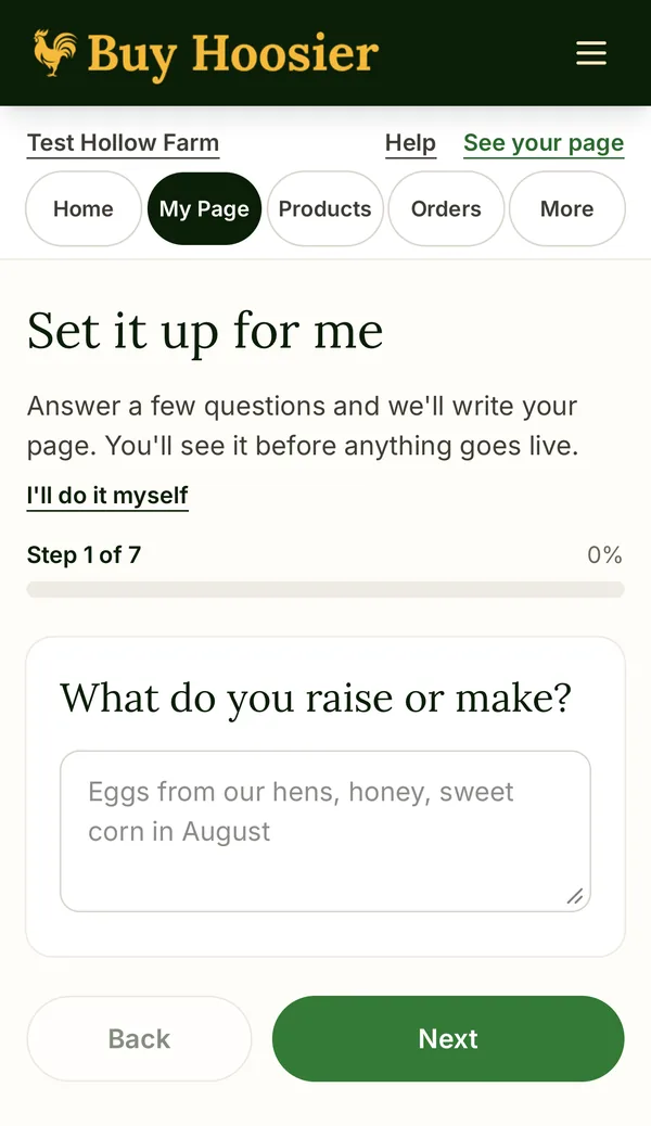 The Set it up for me screen on a phone, step 1 of 7, asking What do you raise or make?