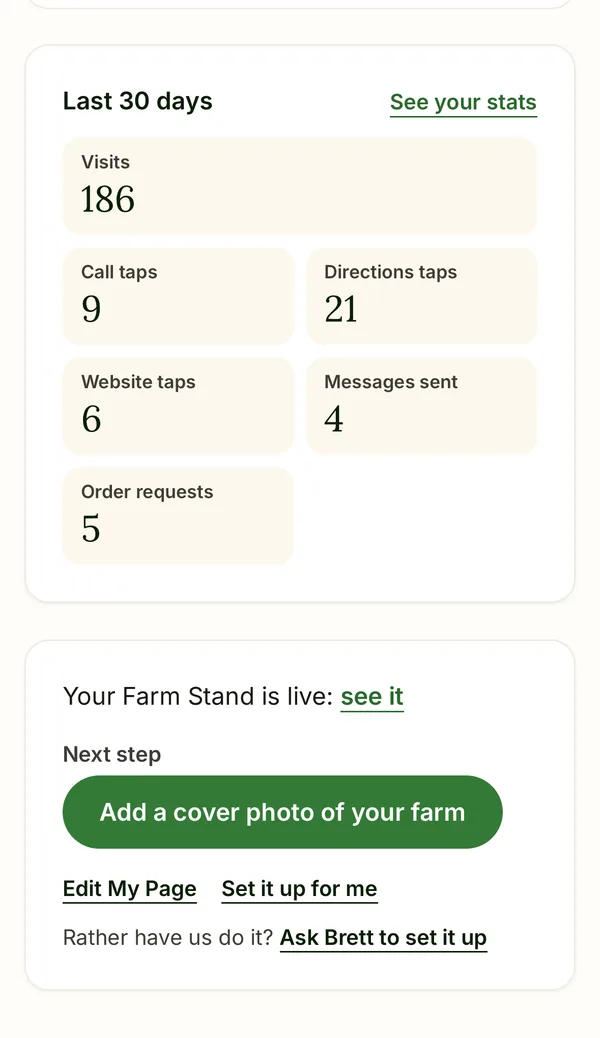 The Last 30 days stats card on a phone with sample numbers for visits, call taps, directions taps, website taps, messages sent and order requests.