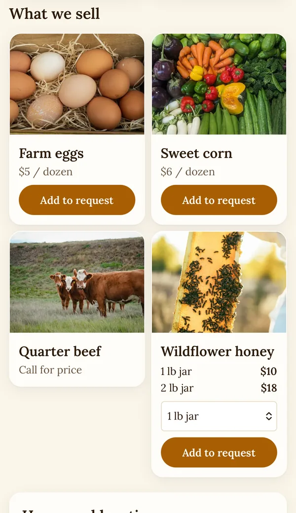 A Farm Stand on a phone showing What we sell: farm eggs at $5 a dozen, sweet corn at $6 a dozen, quarter beef with call for price, and wildflower honey in 1 lb and 2 lb jars.